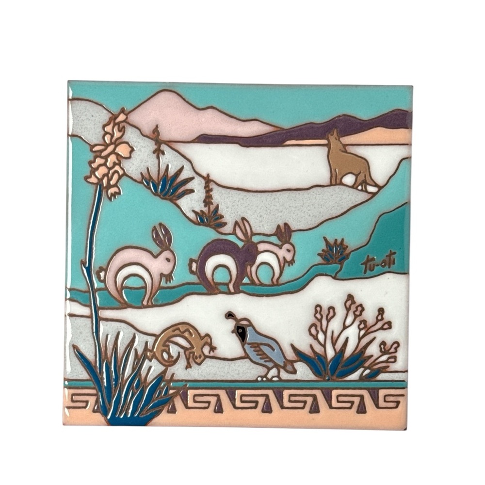Vintage Earthtones Art Tile Cats 1990 Signed Tu-oti